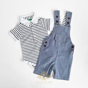 NWT Cute Boys Overalls Dungarees Onesie & Bucket Hat 3 Piece Matching Set 18-24M